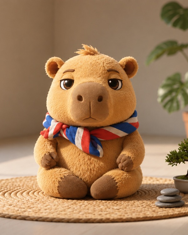 Pancracio, a capybara plush with a red, white and blue scarf